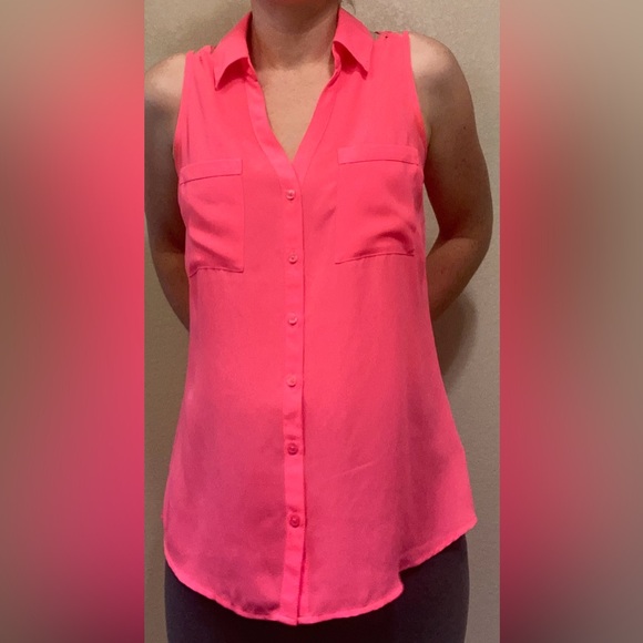 Express Hot Pink Sleeveless Collared Button Down Lattice Tank Top Sz M - Picture 3 of 5